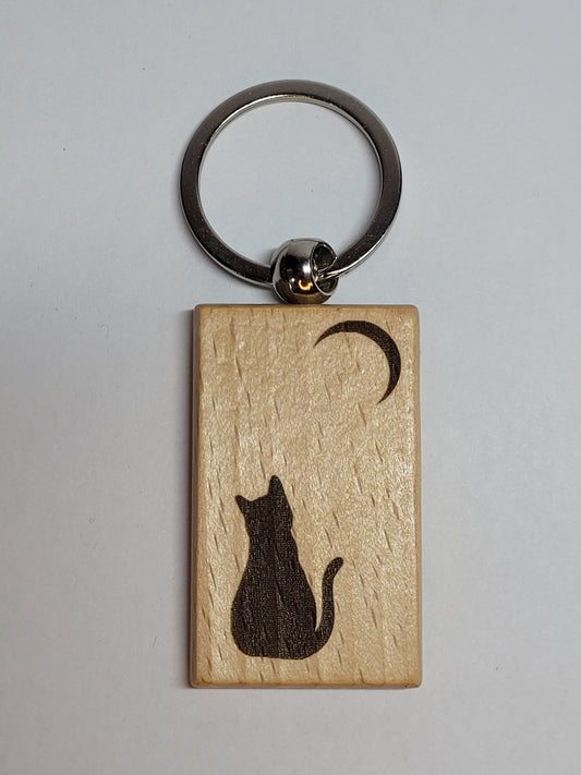 Wooden Keyring - Cat and Moon
