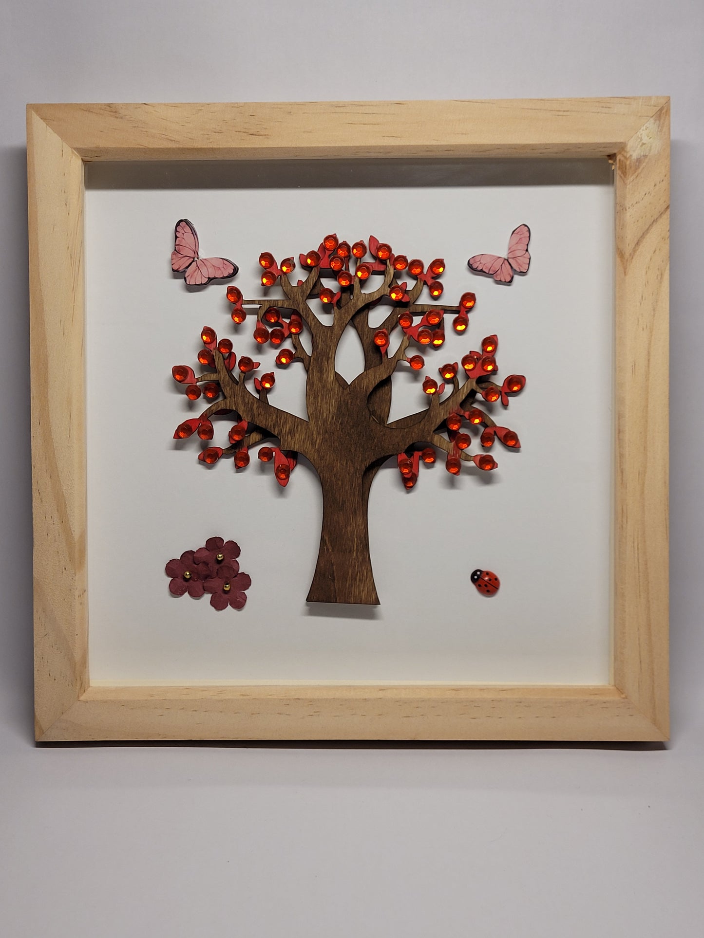 Deep Framed Wooden Gem Tree Picture - Red