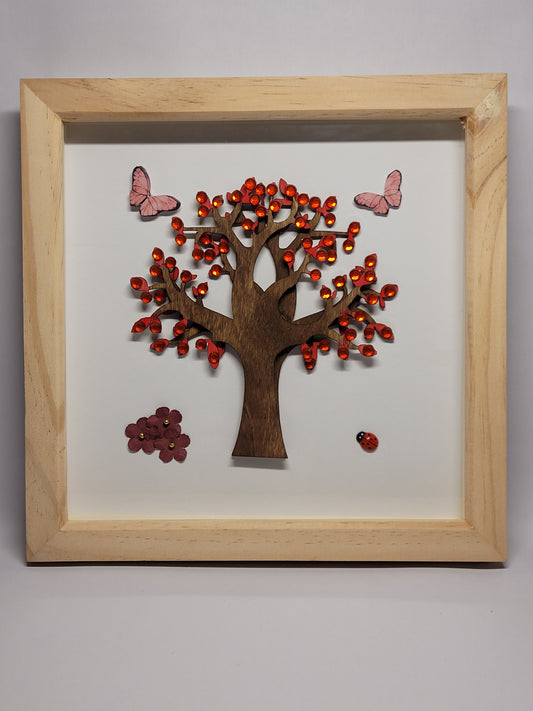 Deep Framed Wooden Gem Tree Picture - Red